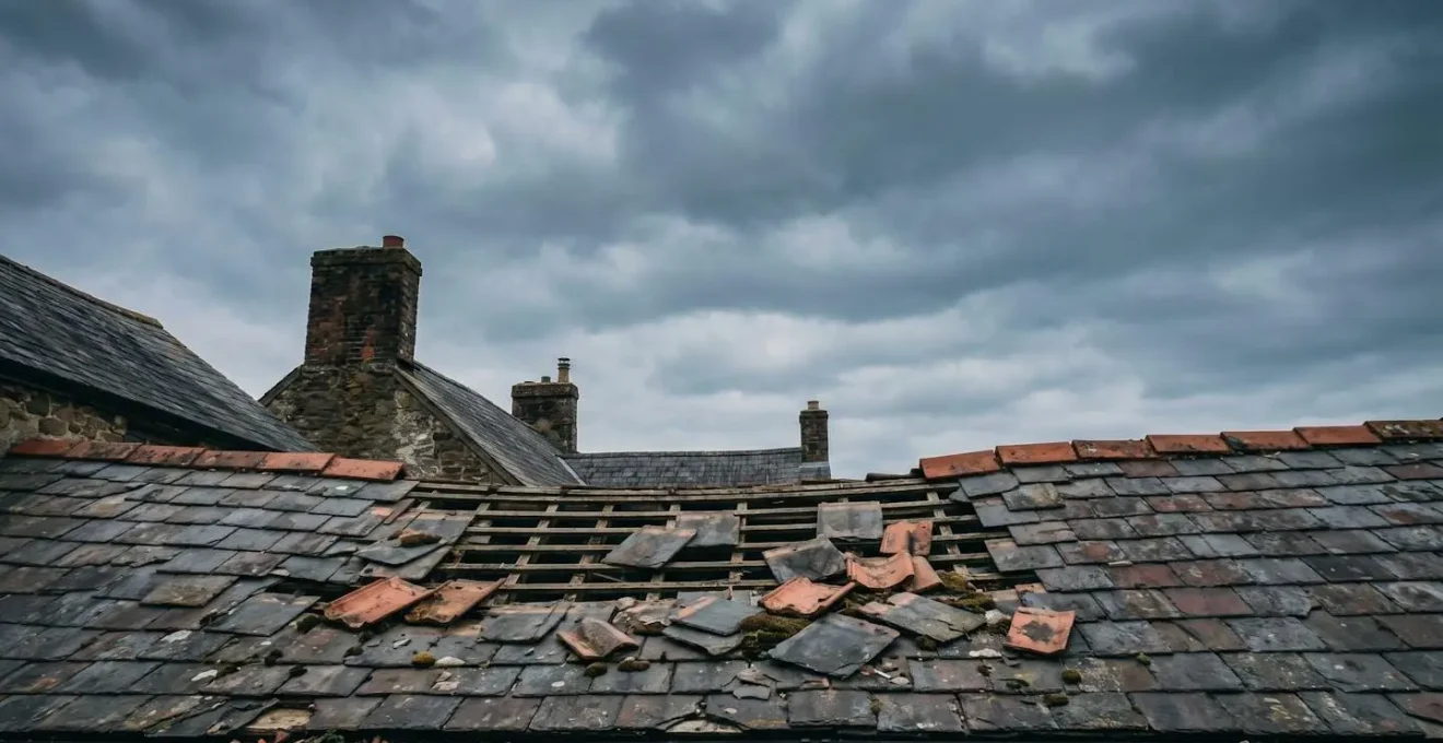 Toiture d'une maison endommagée illustrant la différence entre tempête et catastrophe naturelle